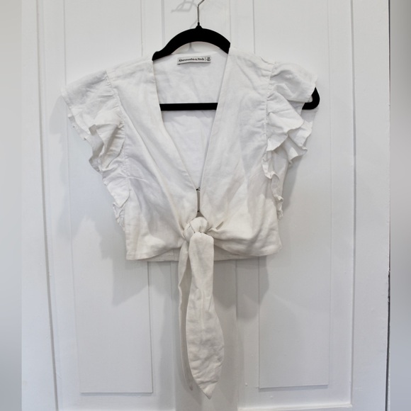 Abercrombie & Fitch Tops - Abercrombie & Fitch Linen Cropped White Ruffle Tie-Front Top | XSmall